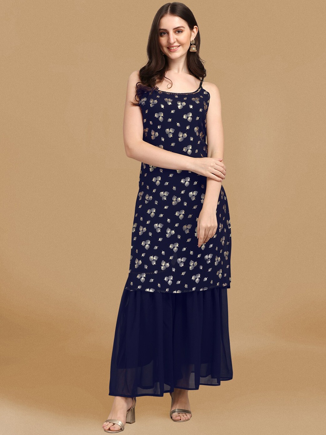 

GUFRINA Floral Printed Sleeveless Kurta with Sharara, Blue