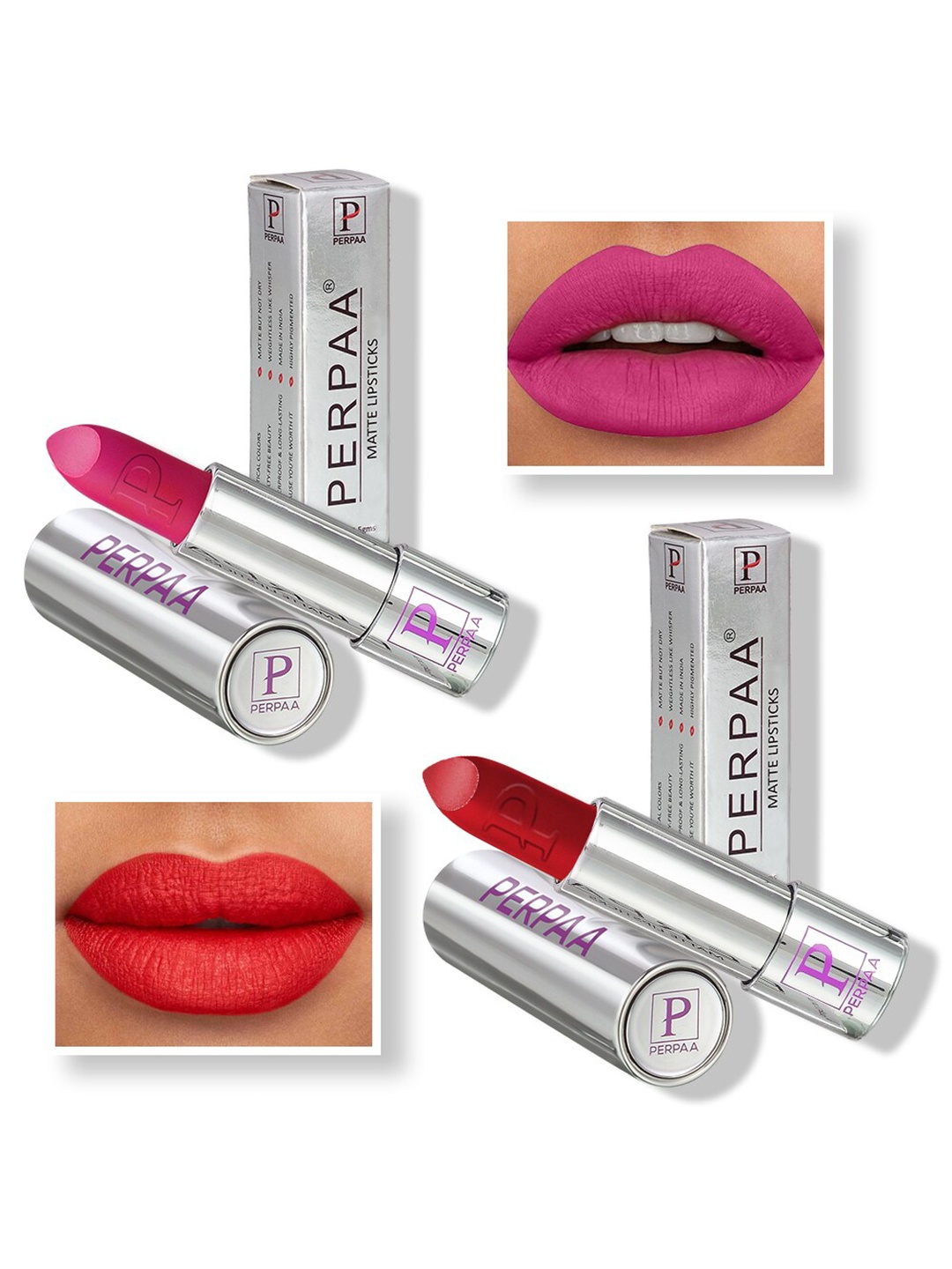 

PERPAA Set of 2 Push Button Matte Lipstick 3.5g each - Matte Pink 175 & Matte Red 196