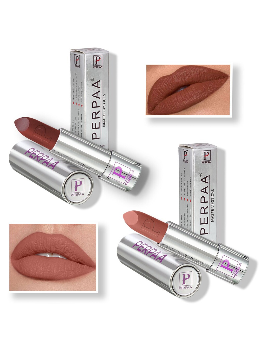 

PERPAA Set of 2 Push Button Matte Lipstick 3.5g each - Matte Brown 167 & Innocent Nude 306