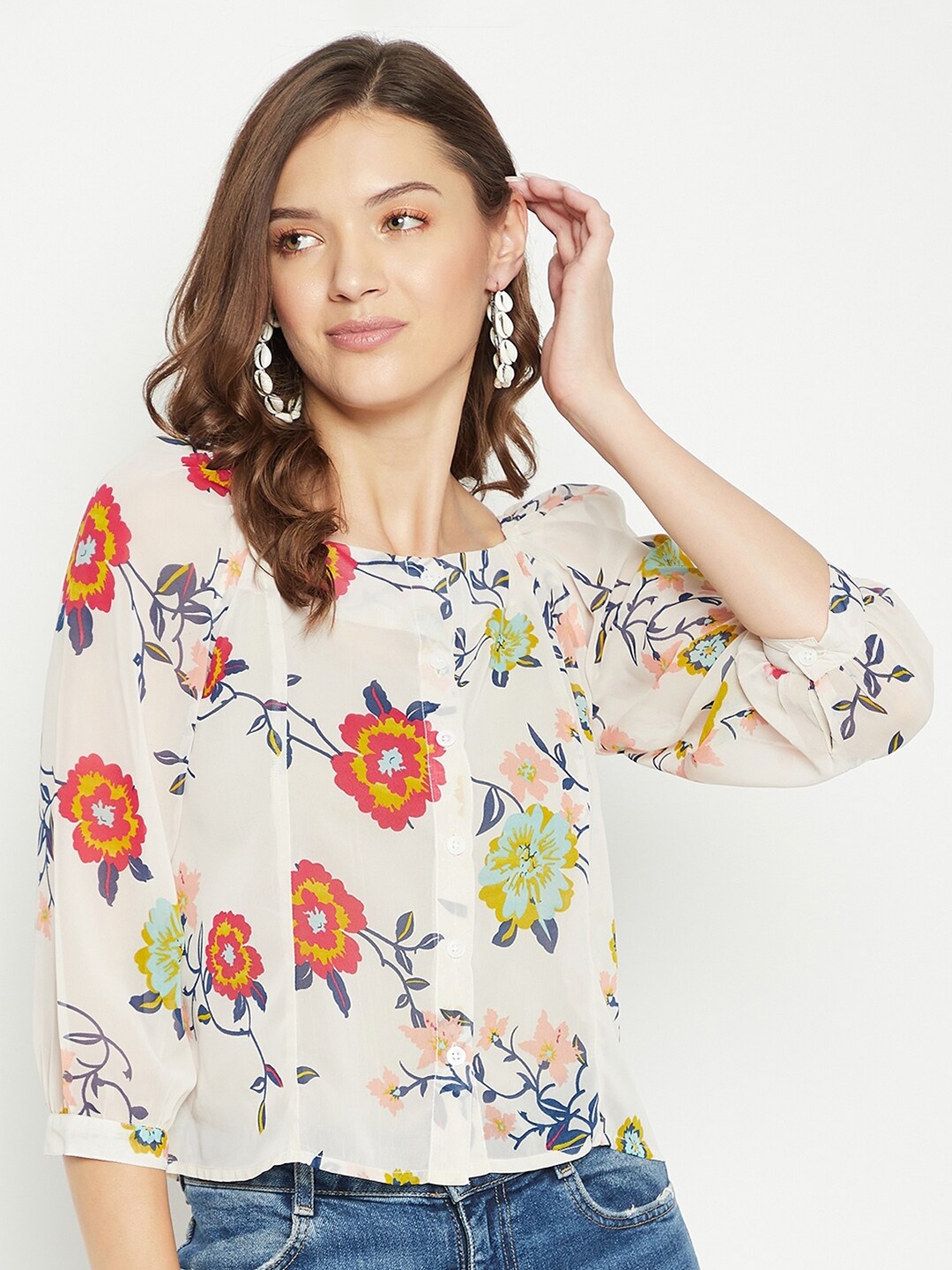 

PURYS Off Floral Print Georgette Shirt Style Top, Off white