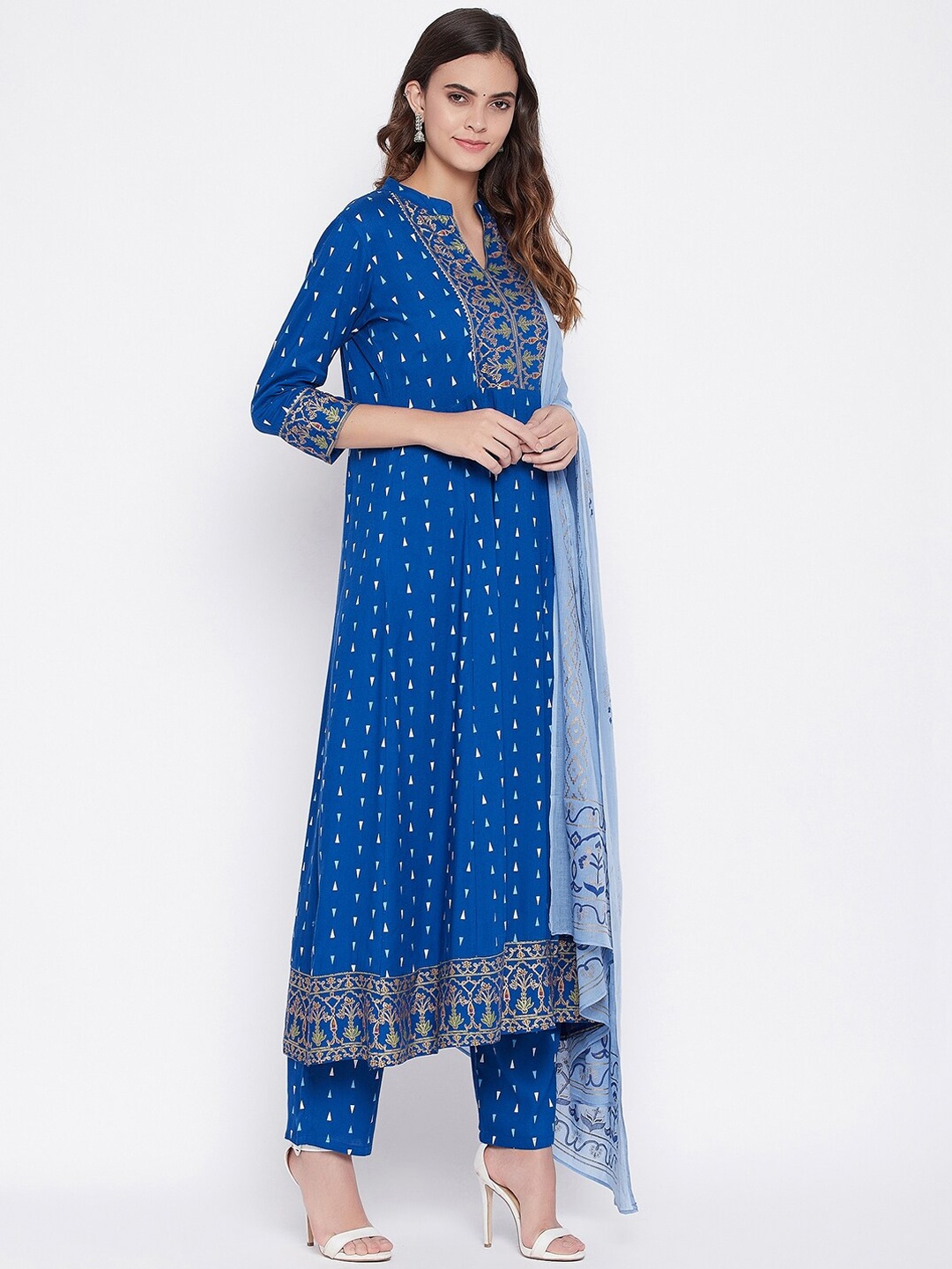 

Prakhya Floral Printed Mandarin Collar Kurta with Palazzos & Dupatta, Blue
