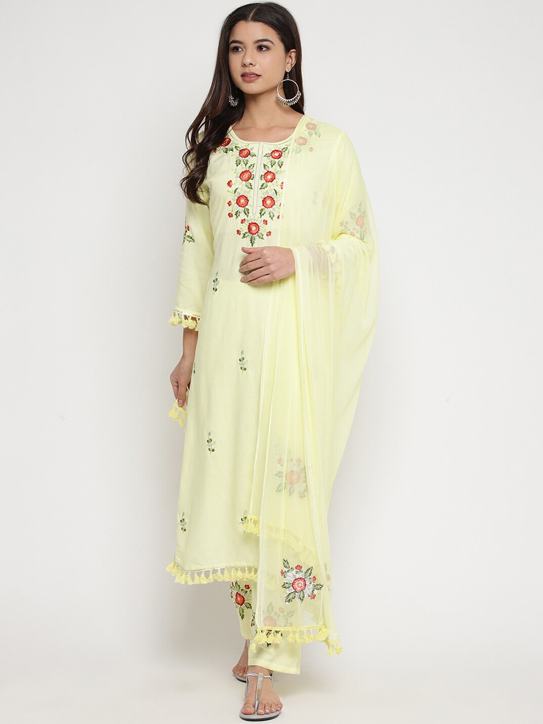 

Prakhya Floral Embroidered Kurta with Trousers & Dupatta, Yellow