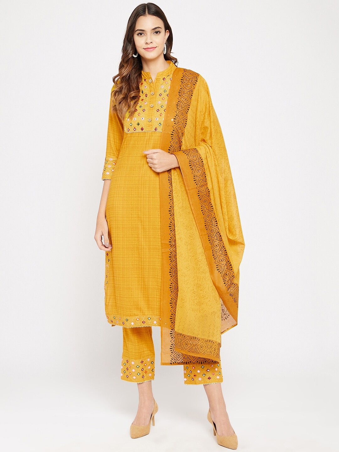 

Prakhya Embroidered Mandarin Collar Kurta with Trousers & Dupatta, Yellow