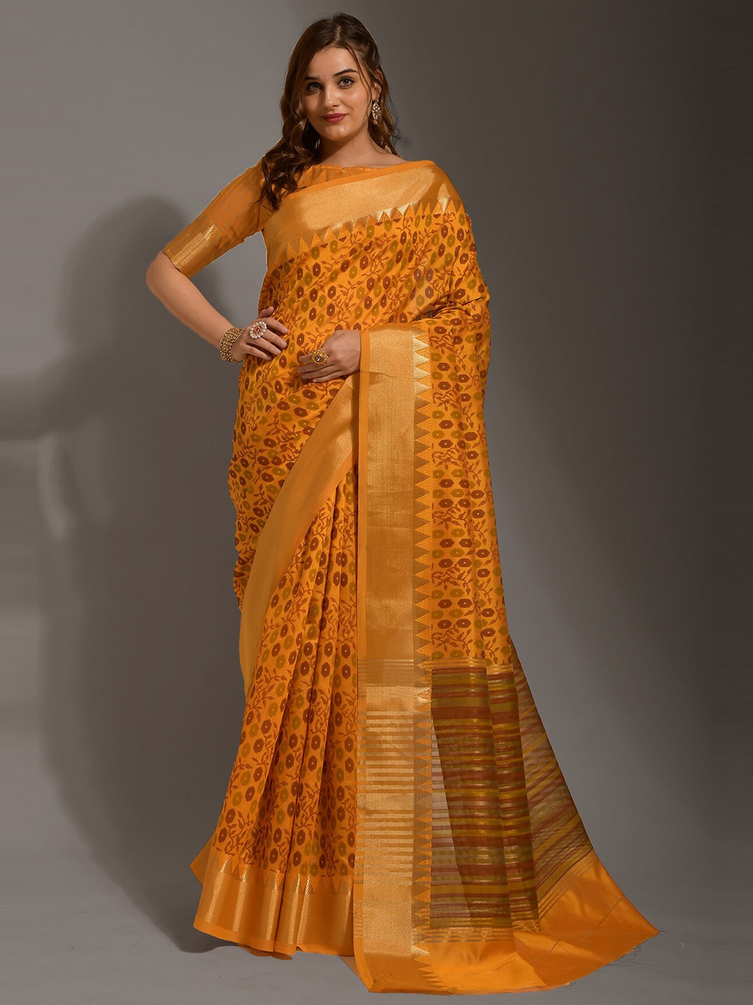 

Globon Impex Floral Art Silk Block Print Saree, Orange