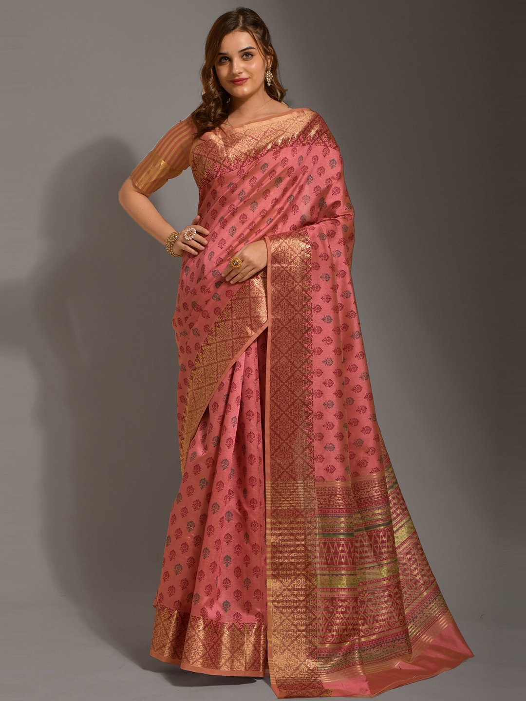 

Globon Impex Ethnic Motifs Art Silk Block Print Saree, Pink