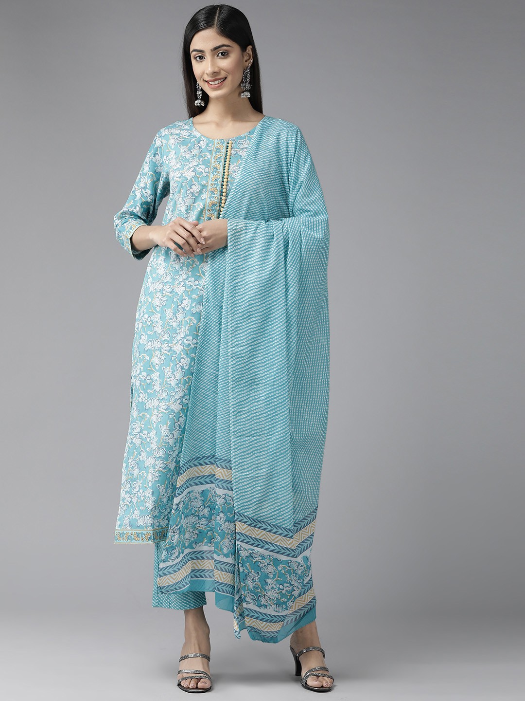 

Yufta Women Floral Printed Pure Cotton Kurta With Trousers & With Dupatta, Blue