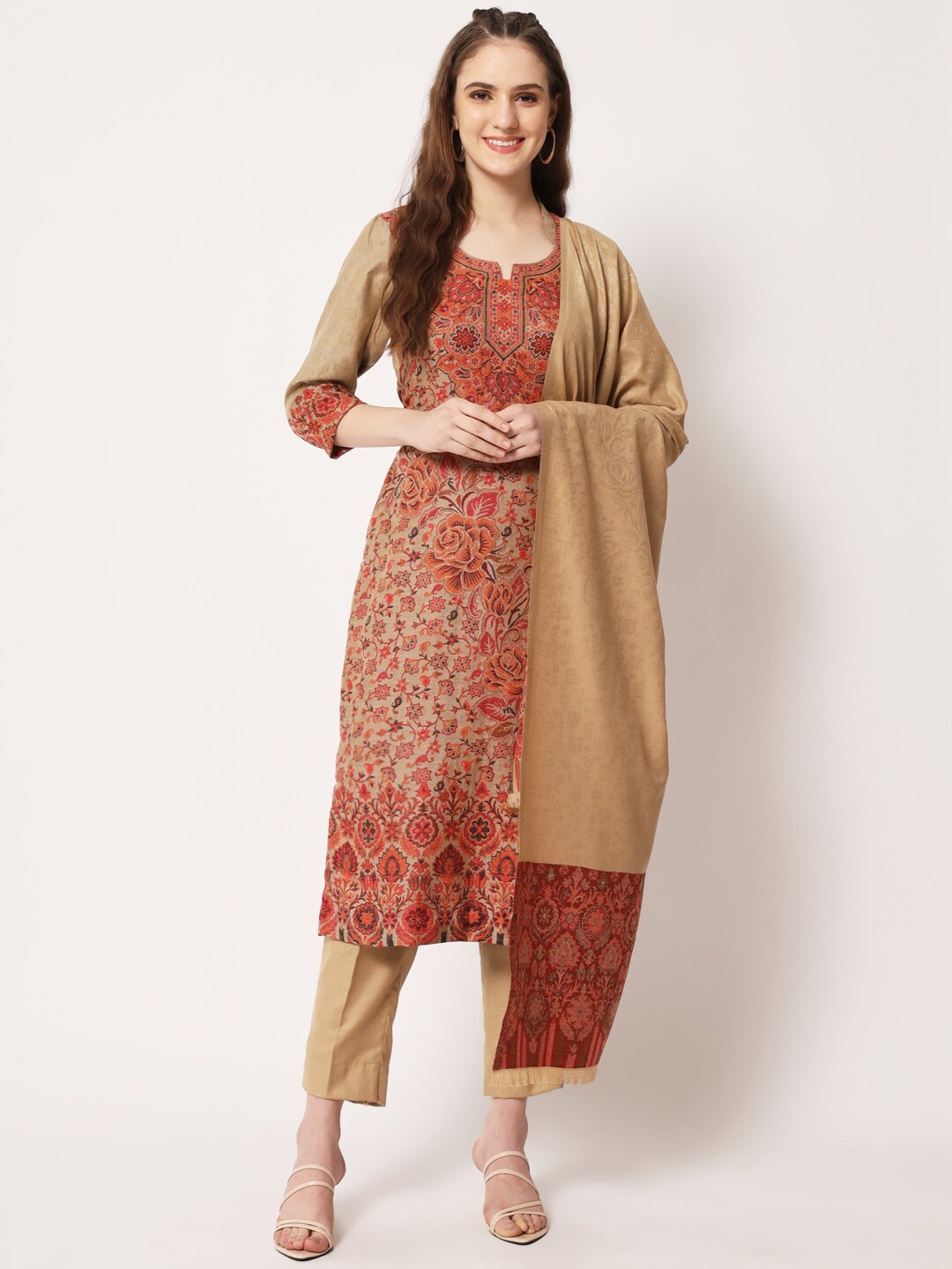 

Zamour Embroidered Viscose Rayon Unstitched Dress Material, Brown