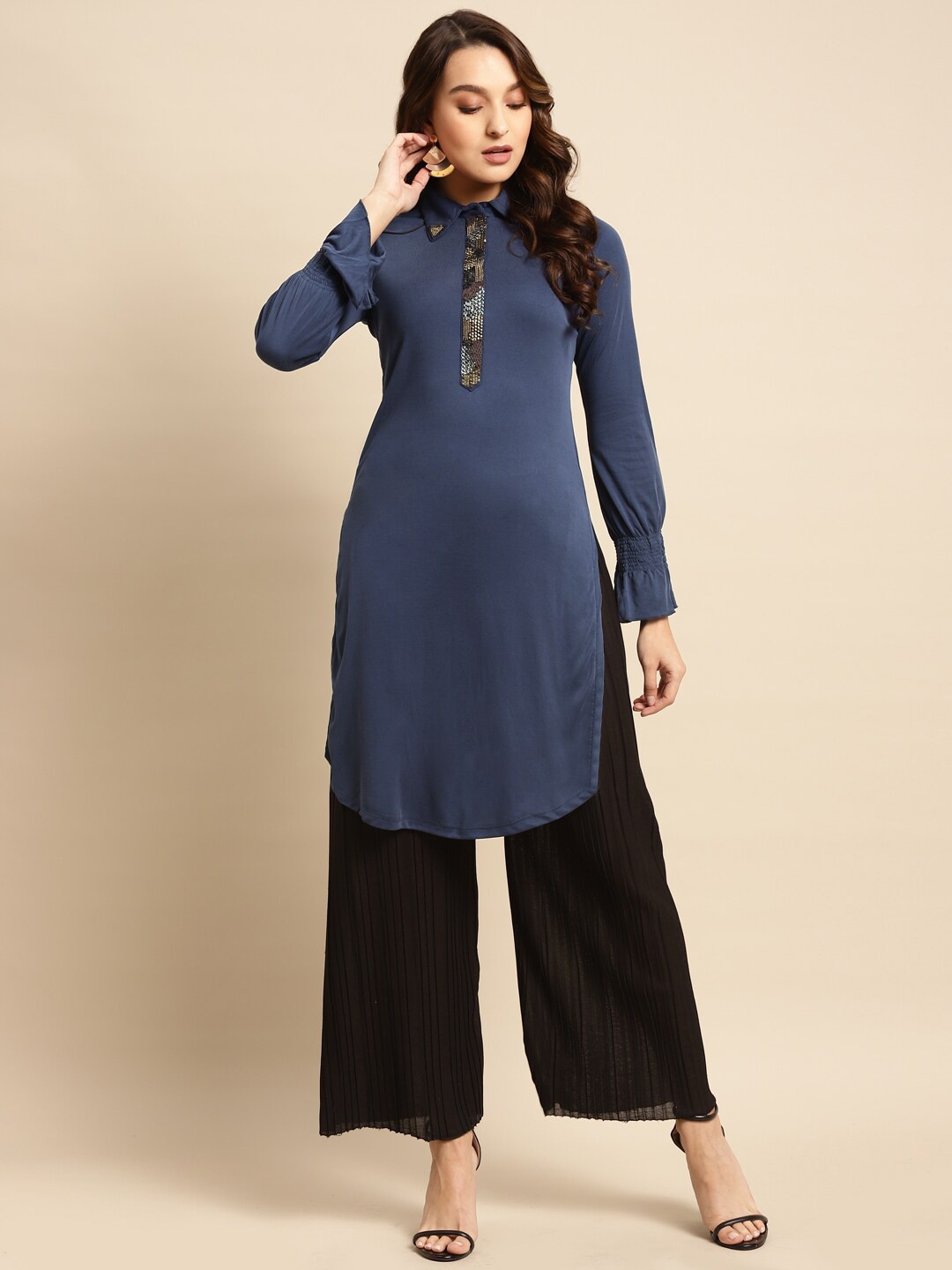 

Lakshita Women Shirt Collar Modal Sequinned Kurti, Navy blue