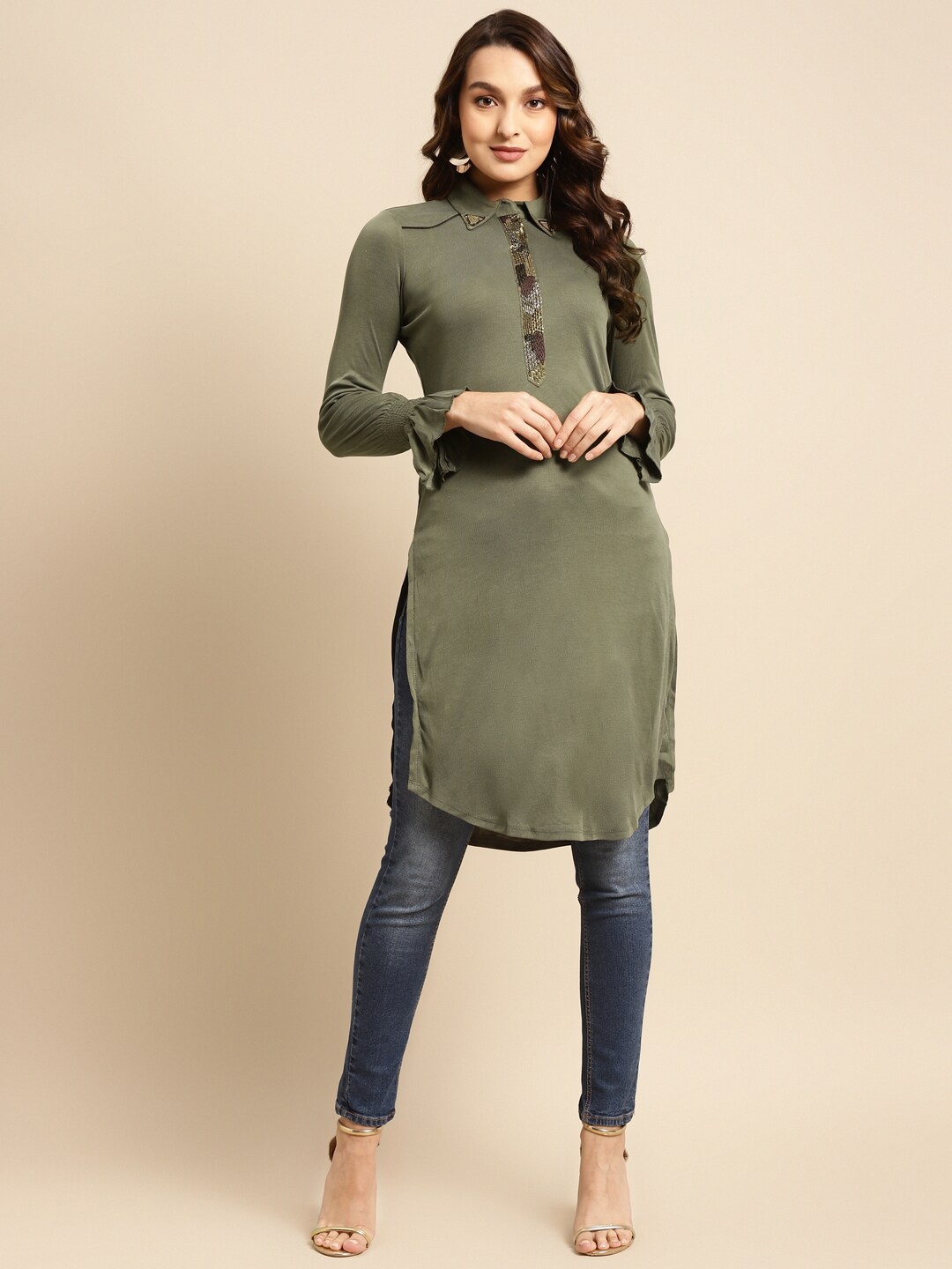 

Lakshita Women Shirt Collar Modal Sequinned Kurti, Olive