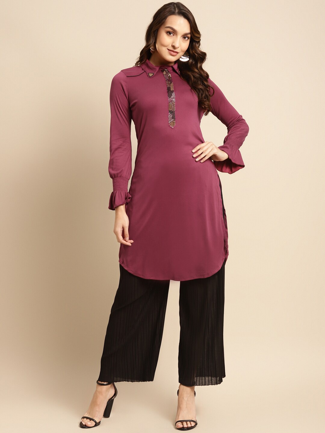 

Lakshita Maroon Shirt Collar Modal Sequinned Kurti