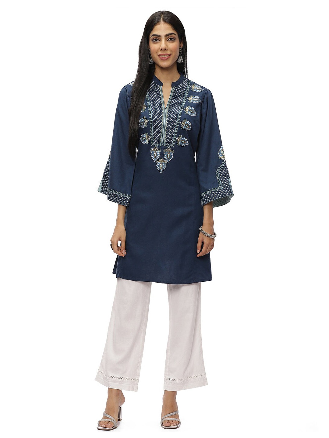

Lakshita Women Yoke Design Organic Cotton Thread Work Panelled Kurti, Navy blue