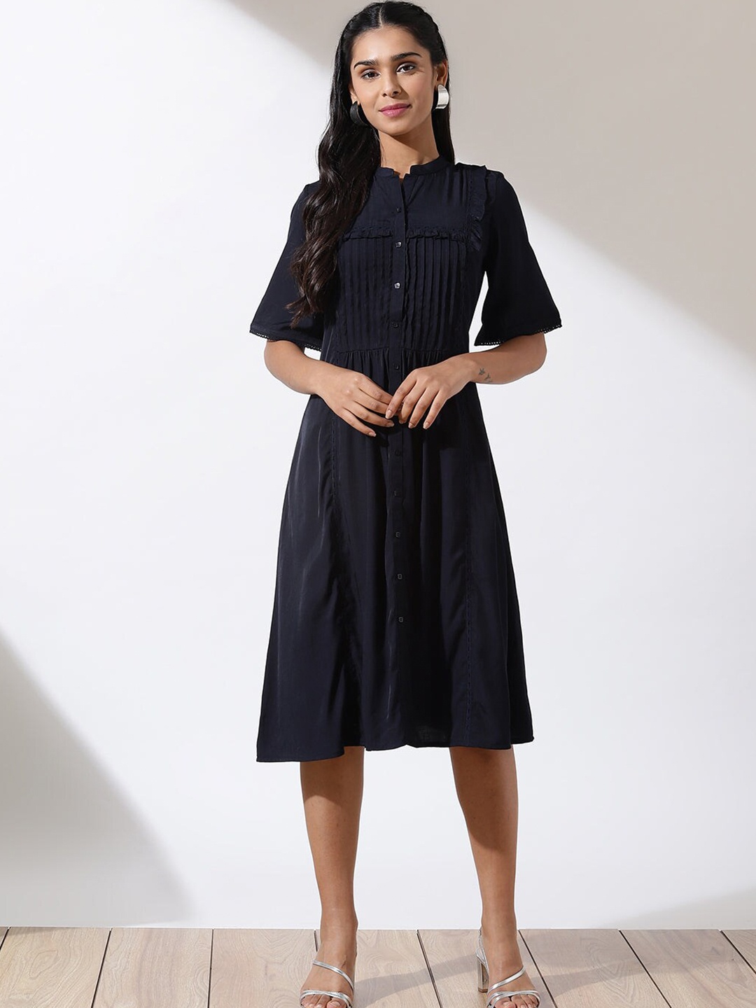 

Lakshita Band Collar Shirt Dress, Blue