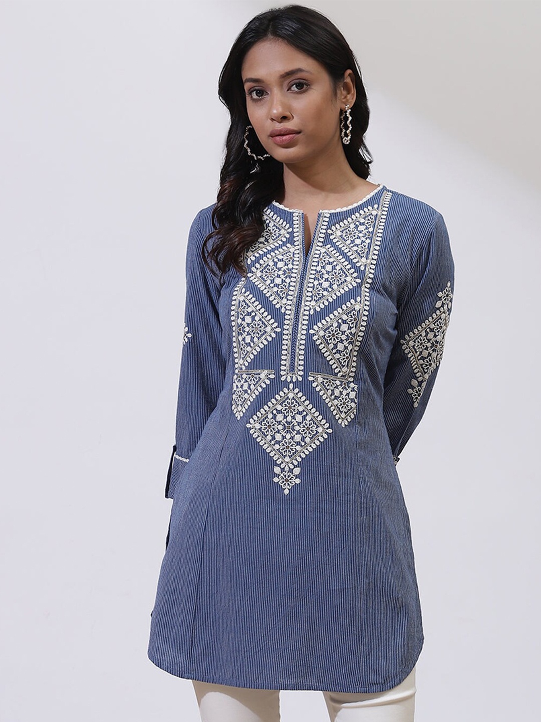 

Lakshita Women Ethnic Motifs Yoke Design Thread Work Pure Cotton Kurti, Blue