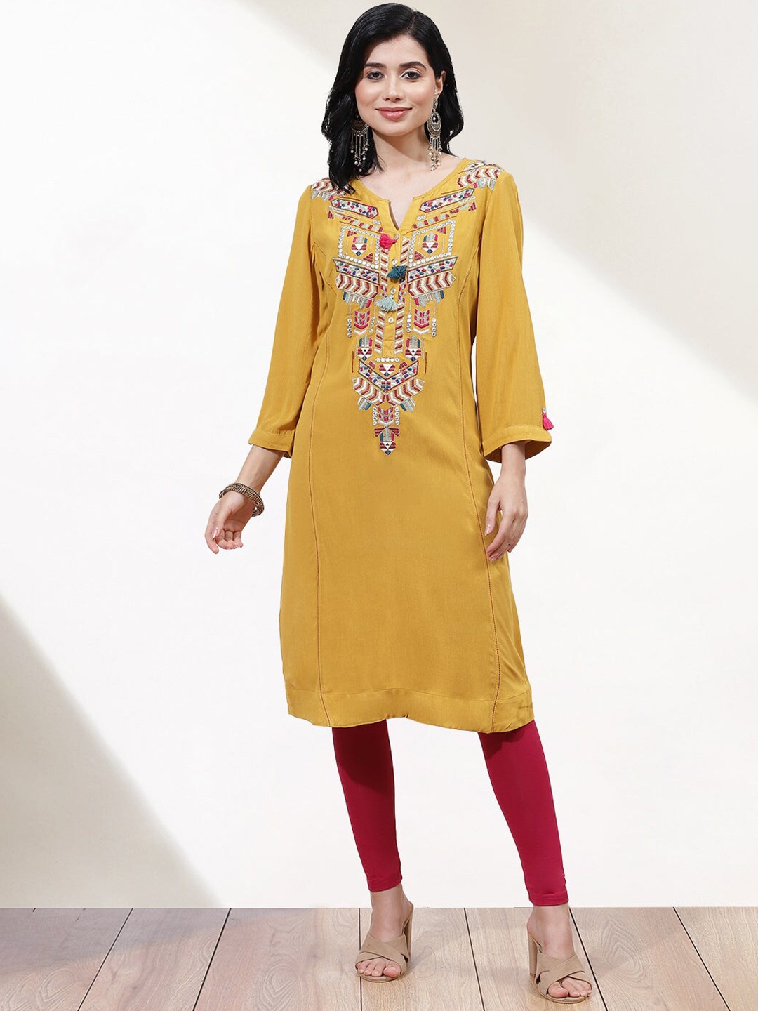 

Lakshita Ethnic Motifs Embroidered Crepe Kurta, Mustard