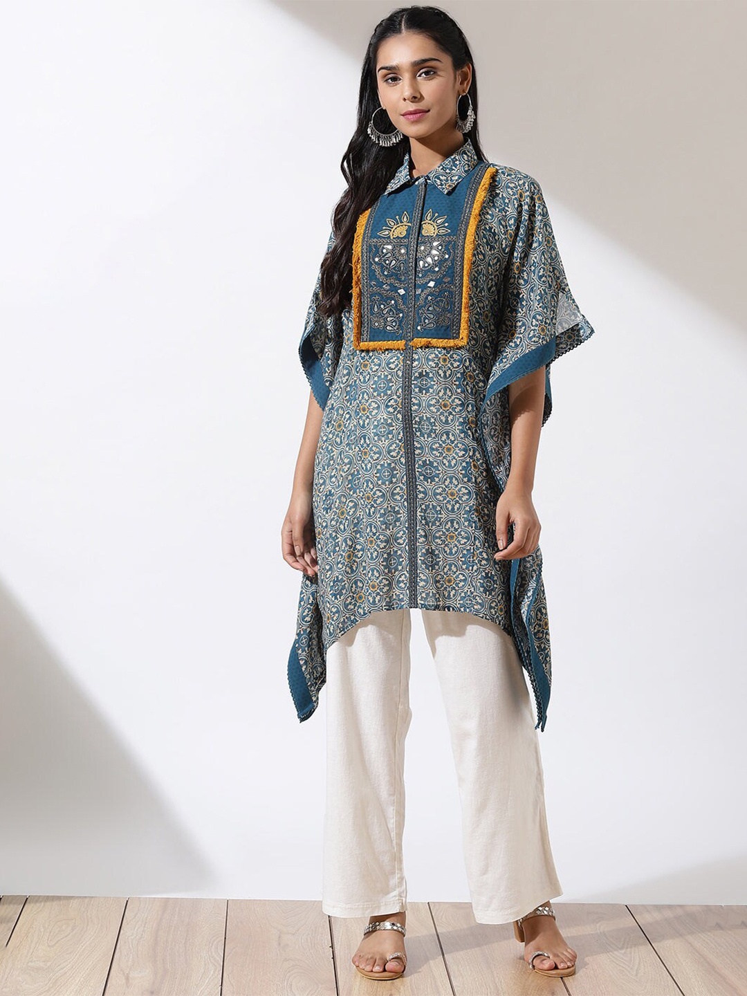 

Lakshita Ethnic Motifs Printed Shirt Collar Flared Sleeves Kaftan Kurti, Teal