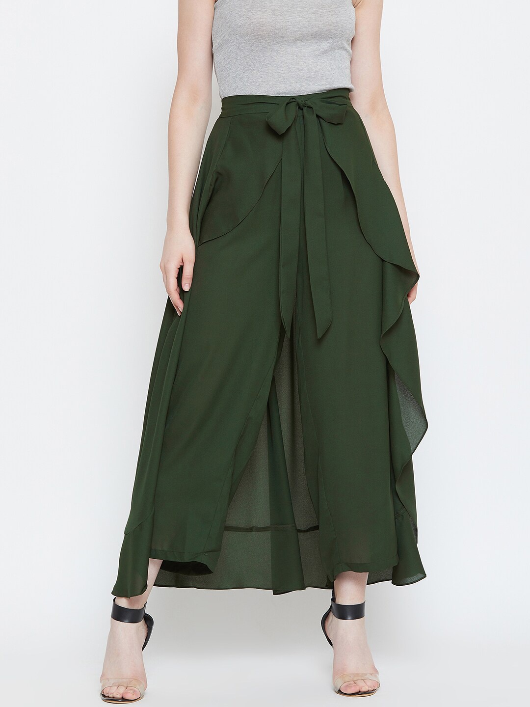 

La Zoire Women Flared Georgette Palazzos, Olive