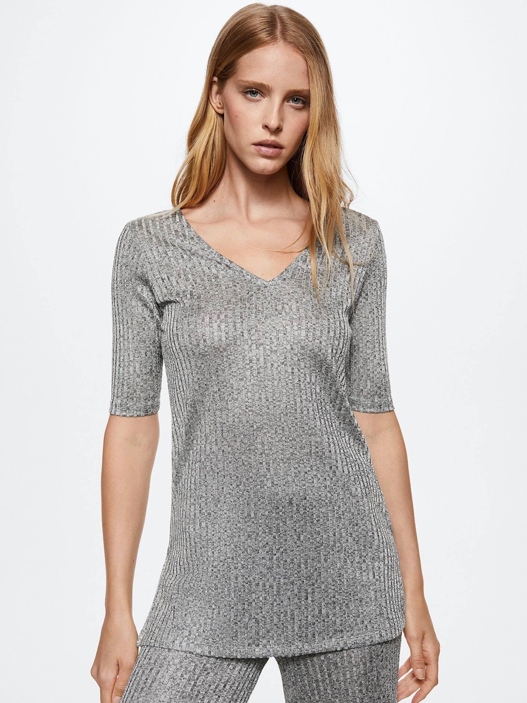 

MANGO Ribbed V-Neck Knitted T-shirt, Grey