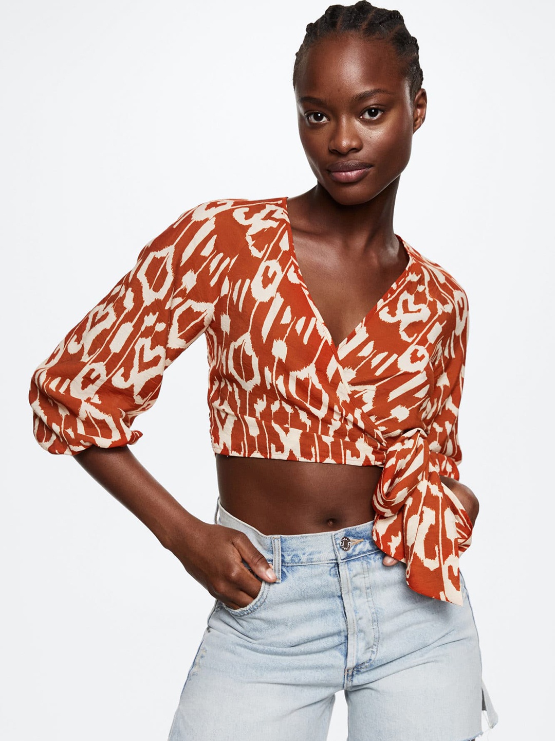 

MANGO Ikat Printed Sustainable Wrap Crop Top, Rust