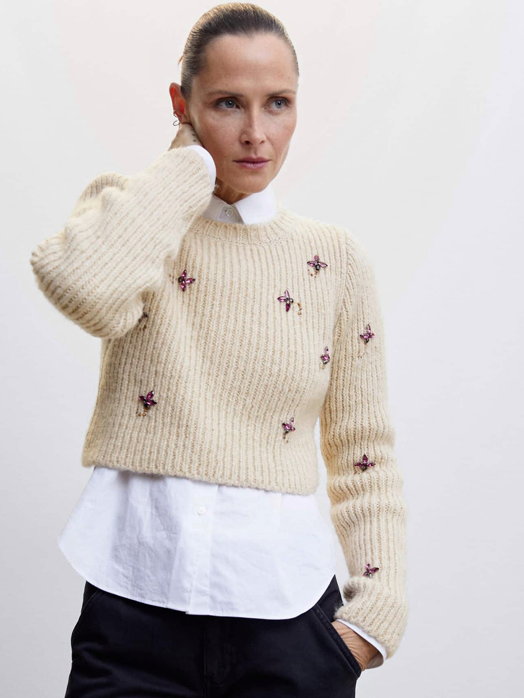 

MANGO Ribbed Sustainable Crop Pullover With Embellished Detail, Beige