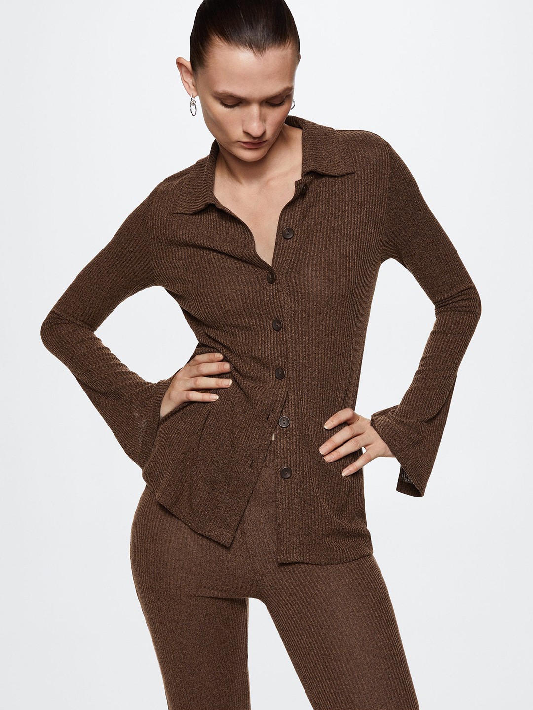 

MANGO Women Ribbed Casual Shirt, Brown