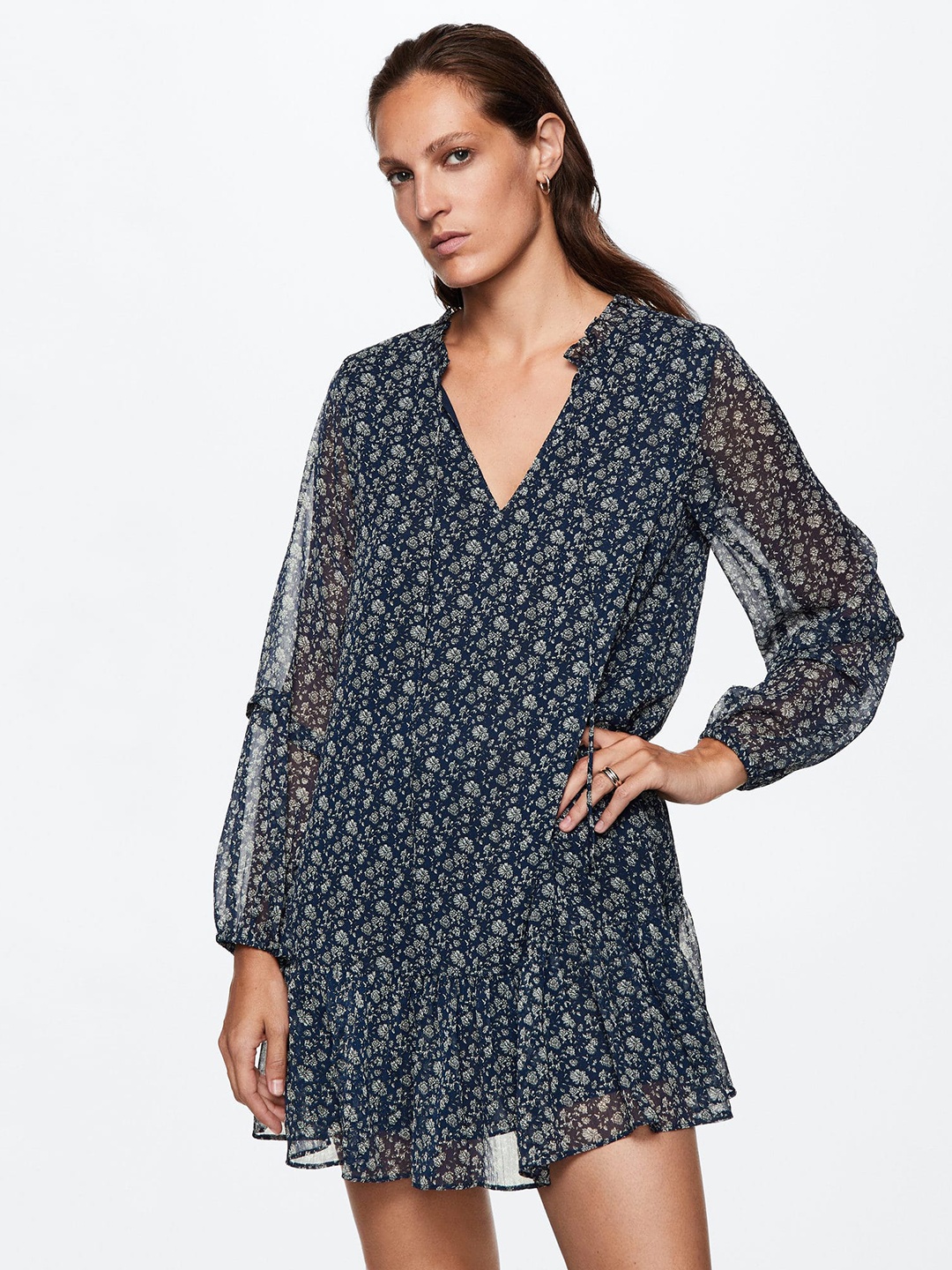 

MANGO Floral Tie-Up Neck A-Line Dress, Navy blue