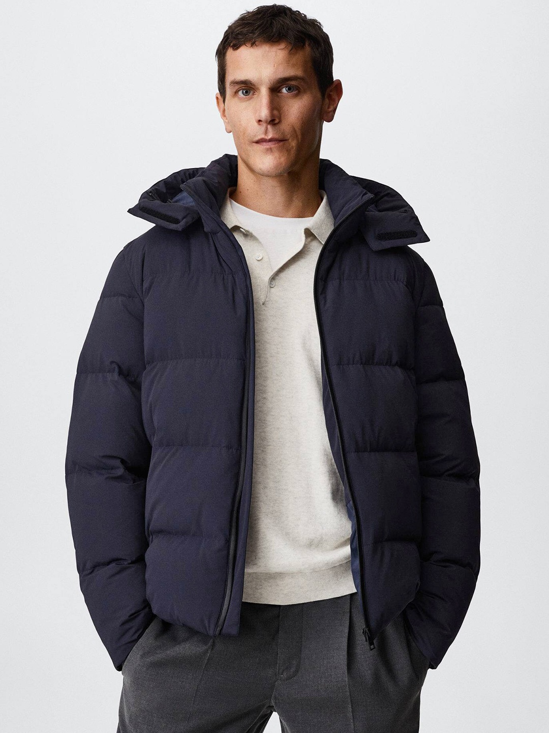 

MANGO MAN Water Repellent Puffer Jacket With Detachable Hood, Navy blue