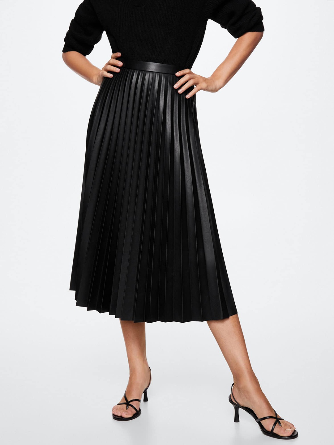 

MANGO Women Faux Leather Accordion Pleat A-Line Skirt, Black