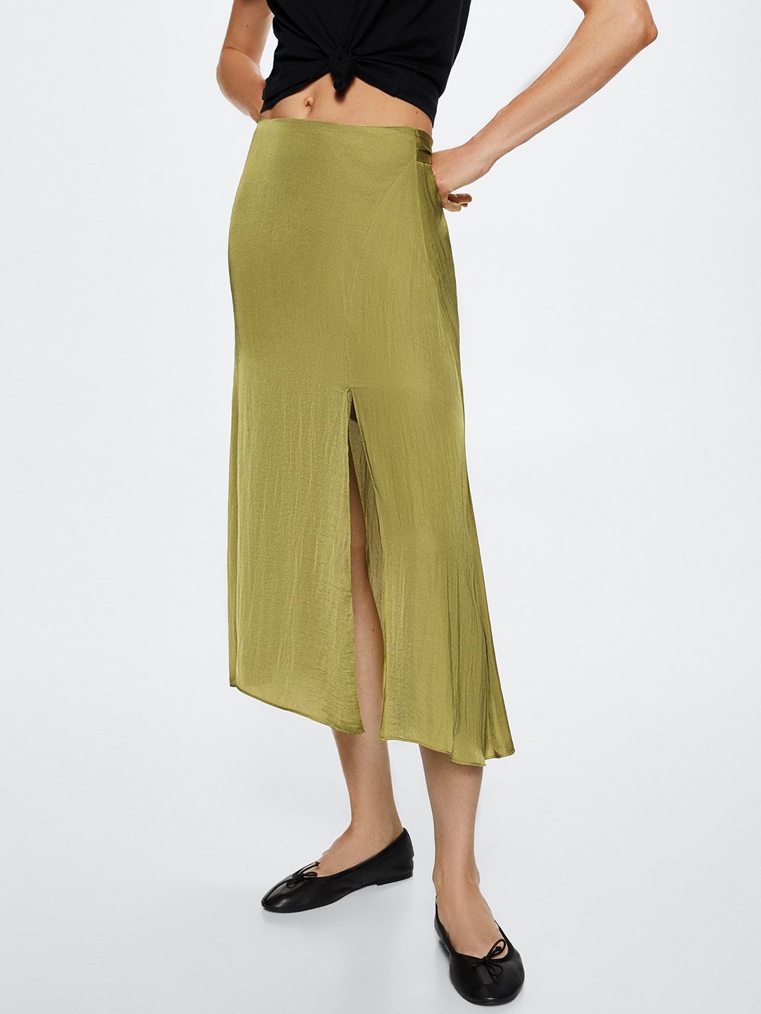 

MANGO Side Slit Belted Satin A-Line Midi Skirt, Olive