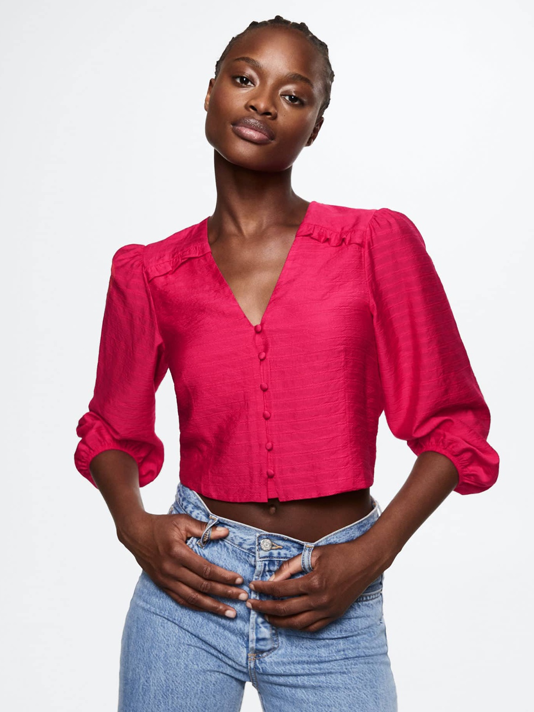 

MANGO V-Neck Puff Sleeves Blouson Crop Top, Pink