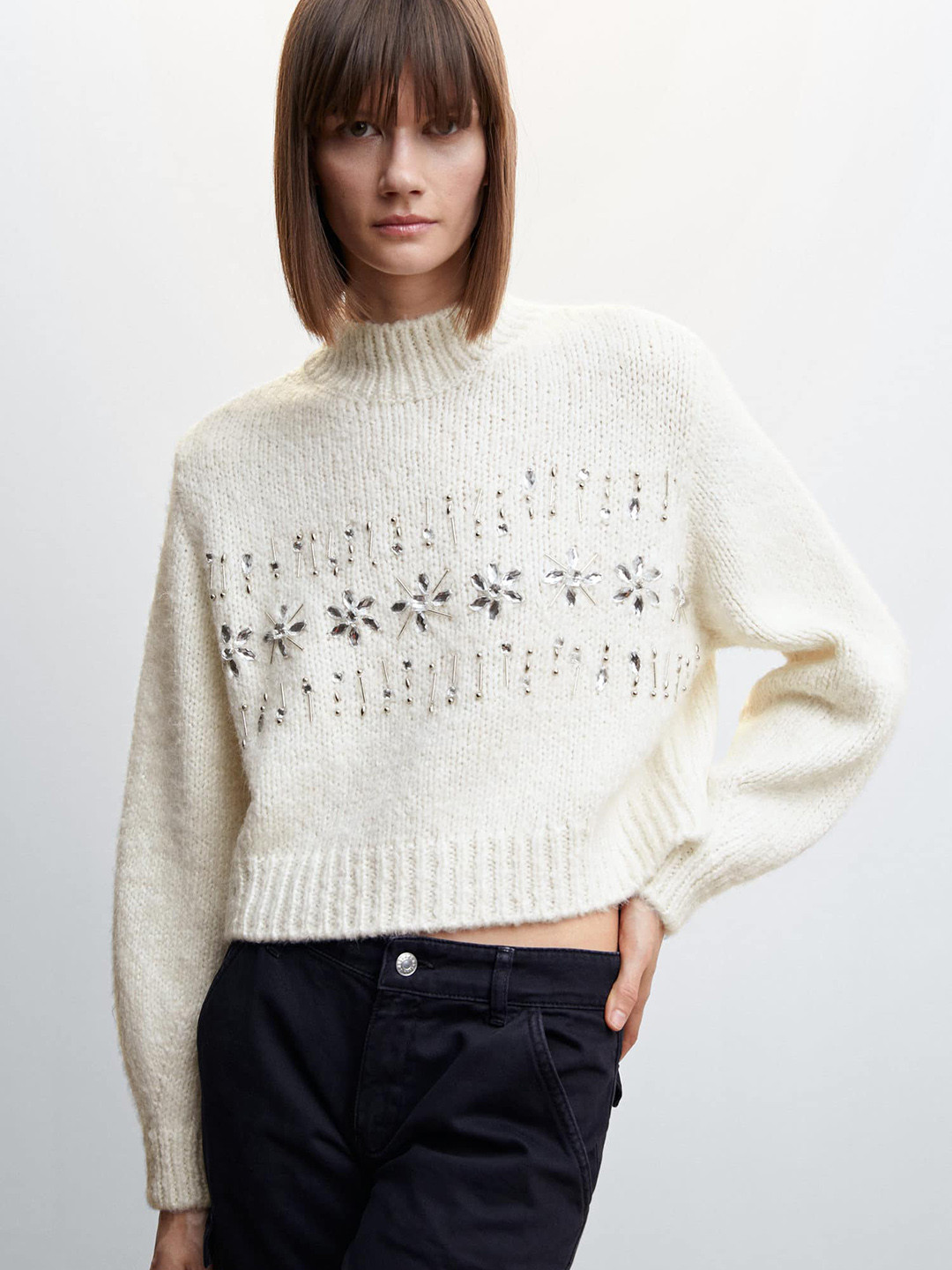 

MANGO High Neck Sustainable Crop Pullover with Embellished Detail, Off white
