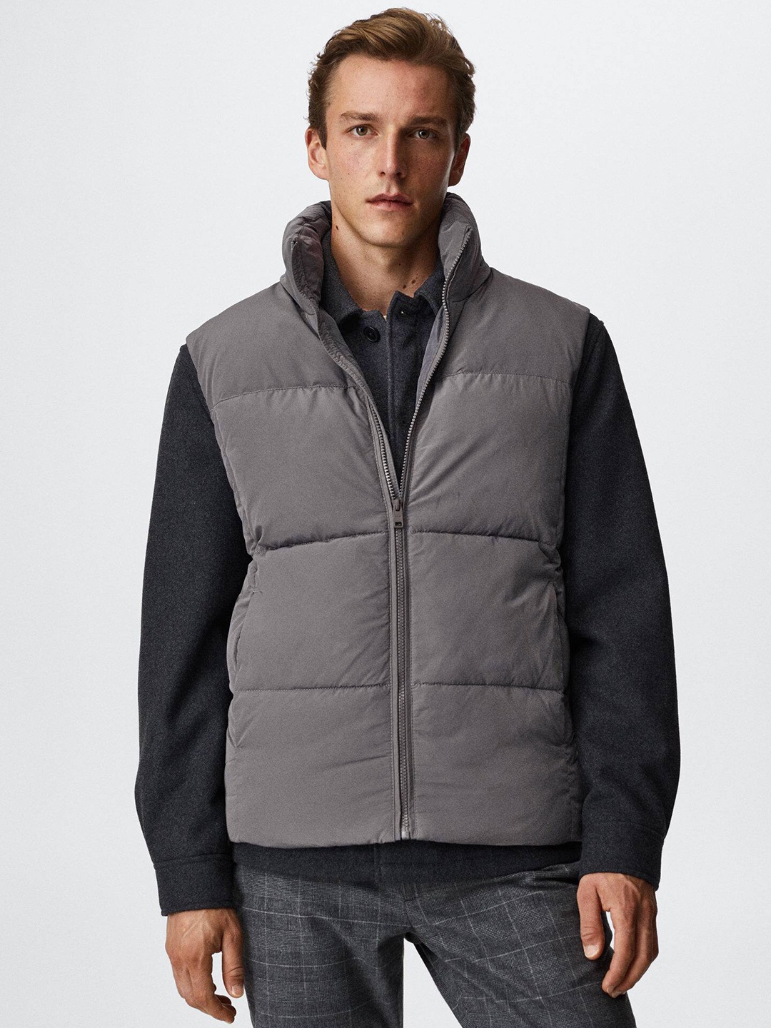 

MANGO MAN Water Repellent Padded Gilet Jacket With Detachable Hood, Grey