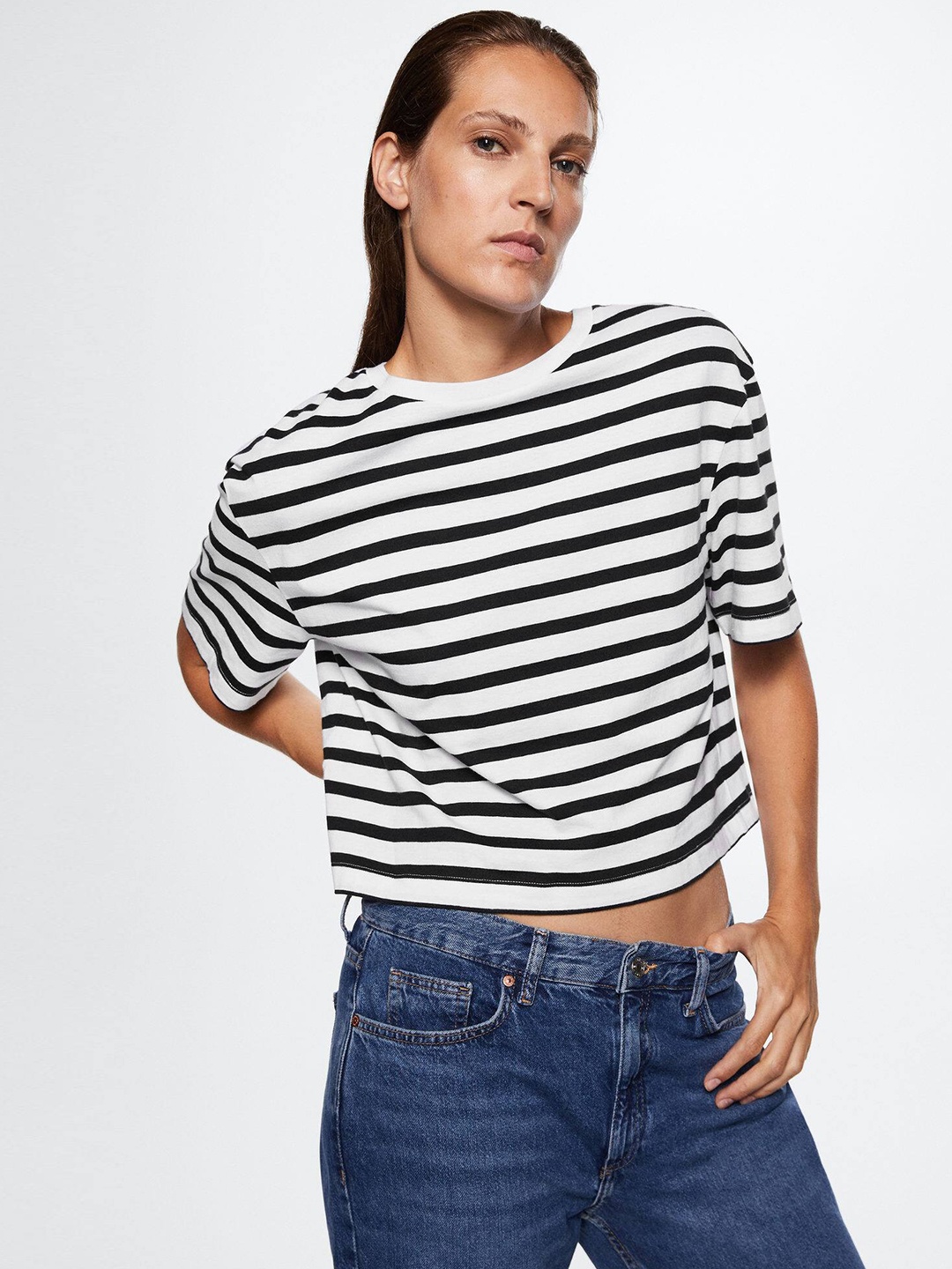

MANGO Women Striped Drop-Shoulder Sleeves Pure Cotton T-shirt, White