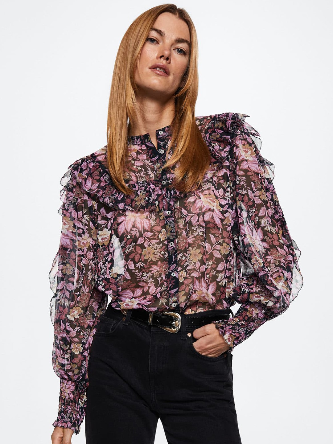 

MANGO Floral Print Mandarin Collar Ruffles Smocked Top, Black