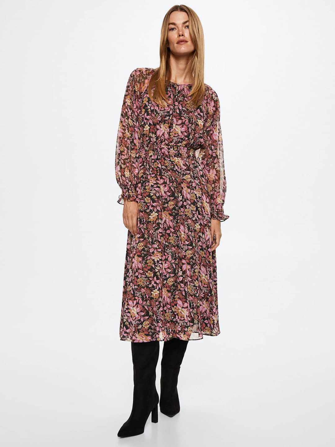 

MANGO Floral A-Line Midi Dress, Black