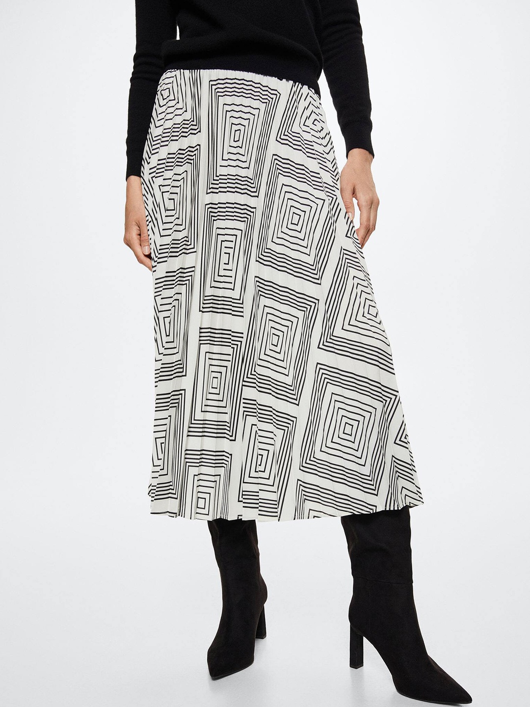 

MANGO Women Printed Accordion Pleat A-Line Skirt, White