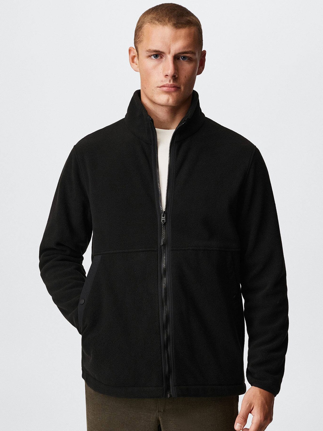 

MANGO MAN Fleece Detail Front-Open Sweatshirt, Black