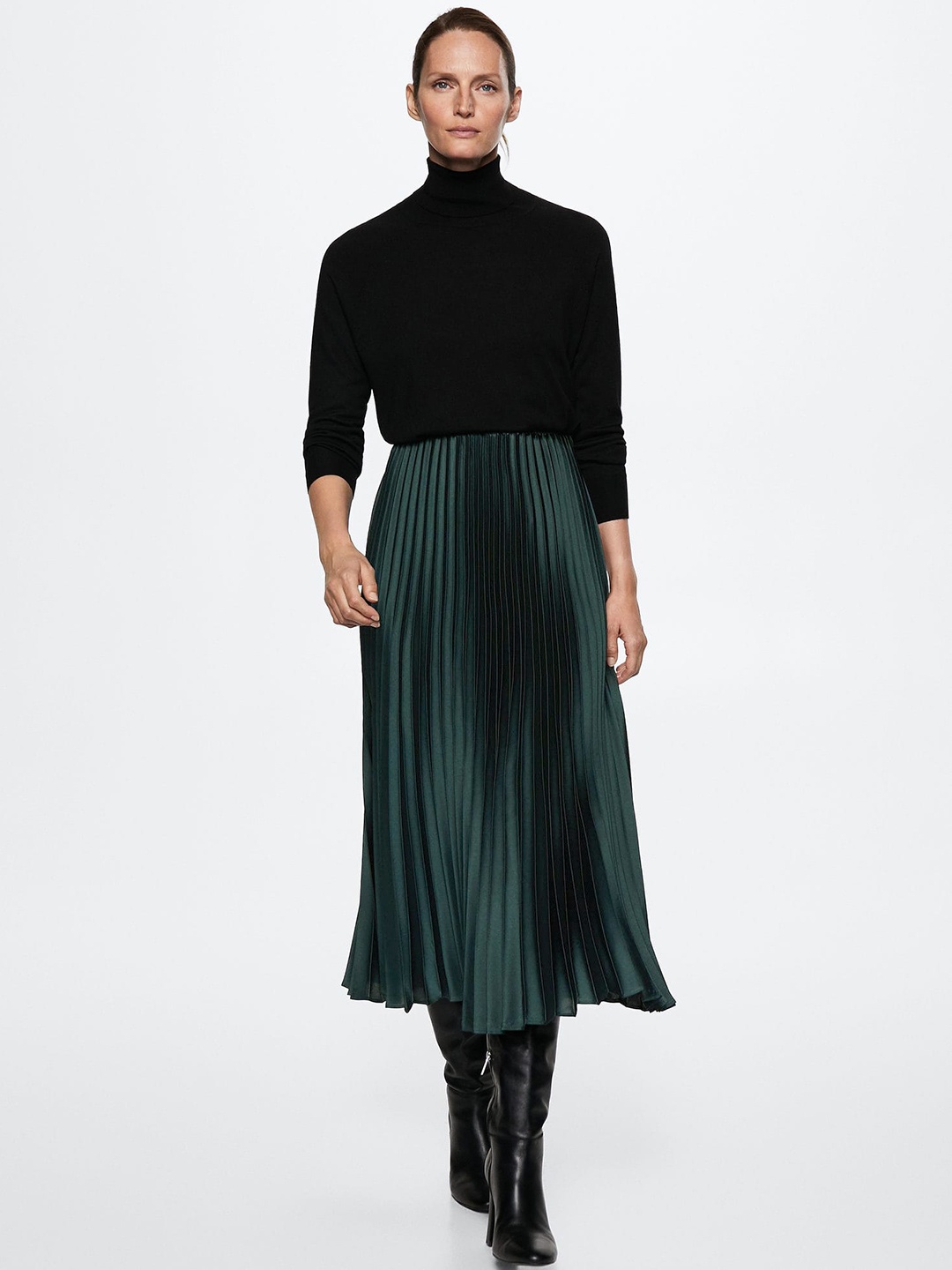

MANGO Women Satin Accordion Pleat Flared Skirt, Green