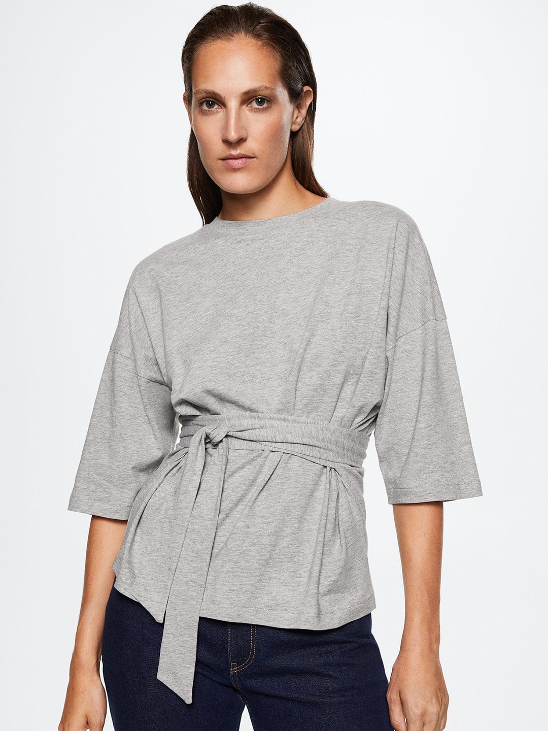 

MANGO Oversized Waist Tie-Up Detail T-shirt, Grey melange