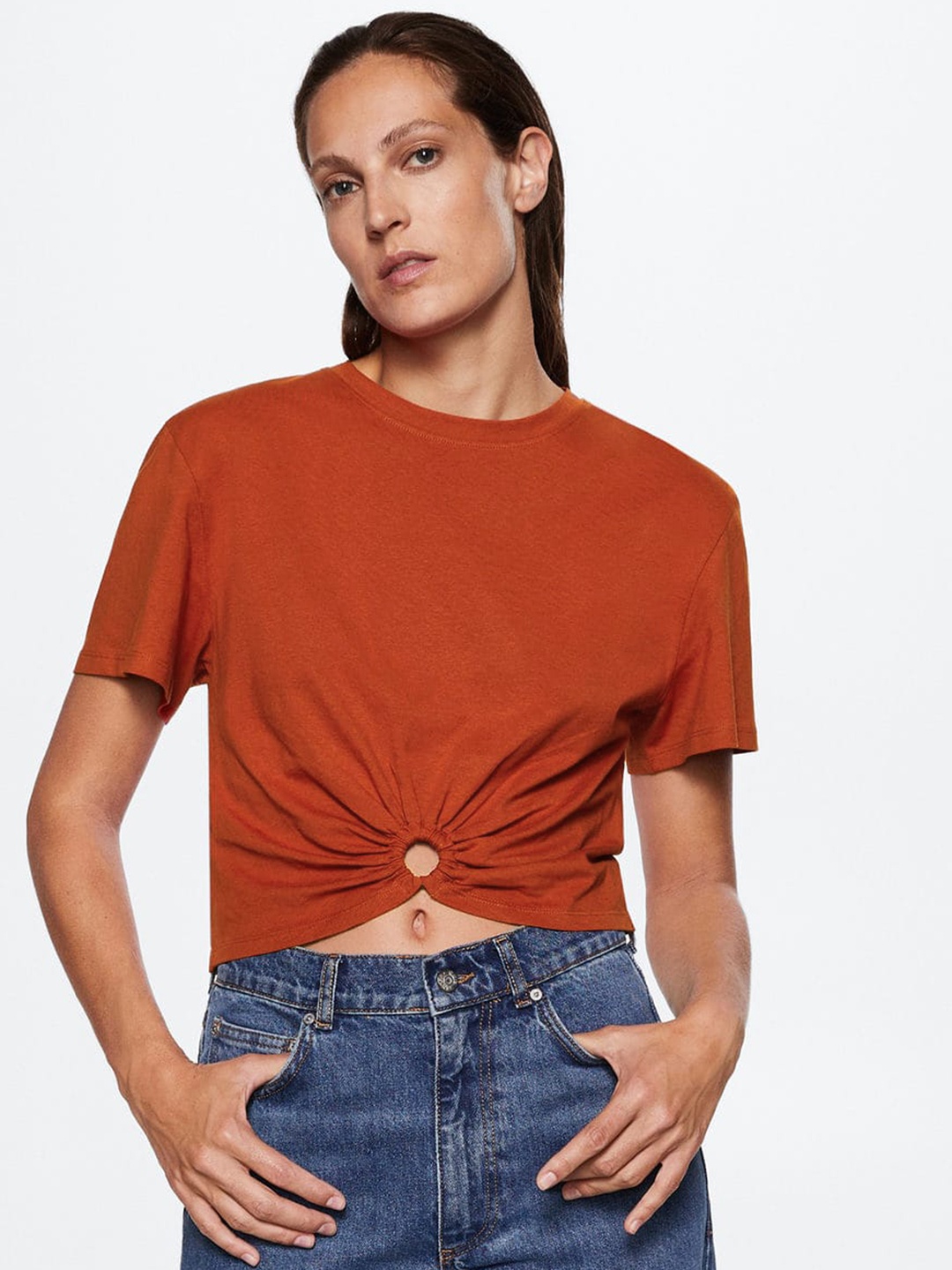 

MANGO Sustainable Cotton Round Ring Detail Crop Top, Orange