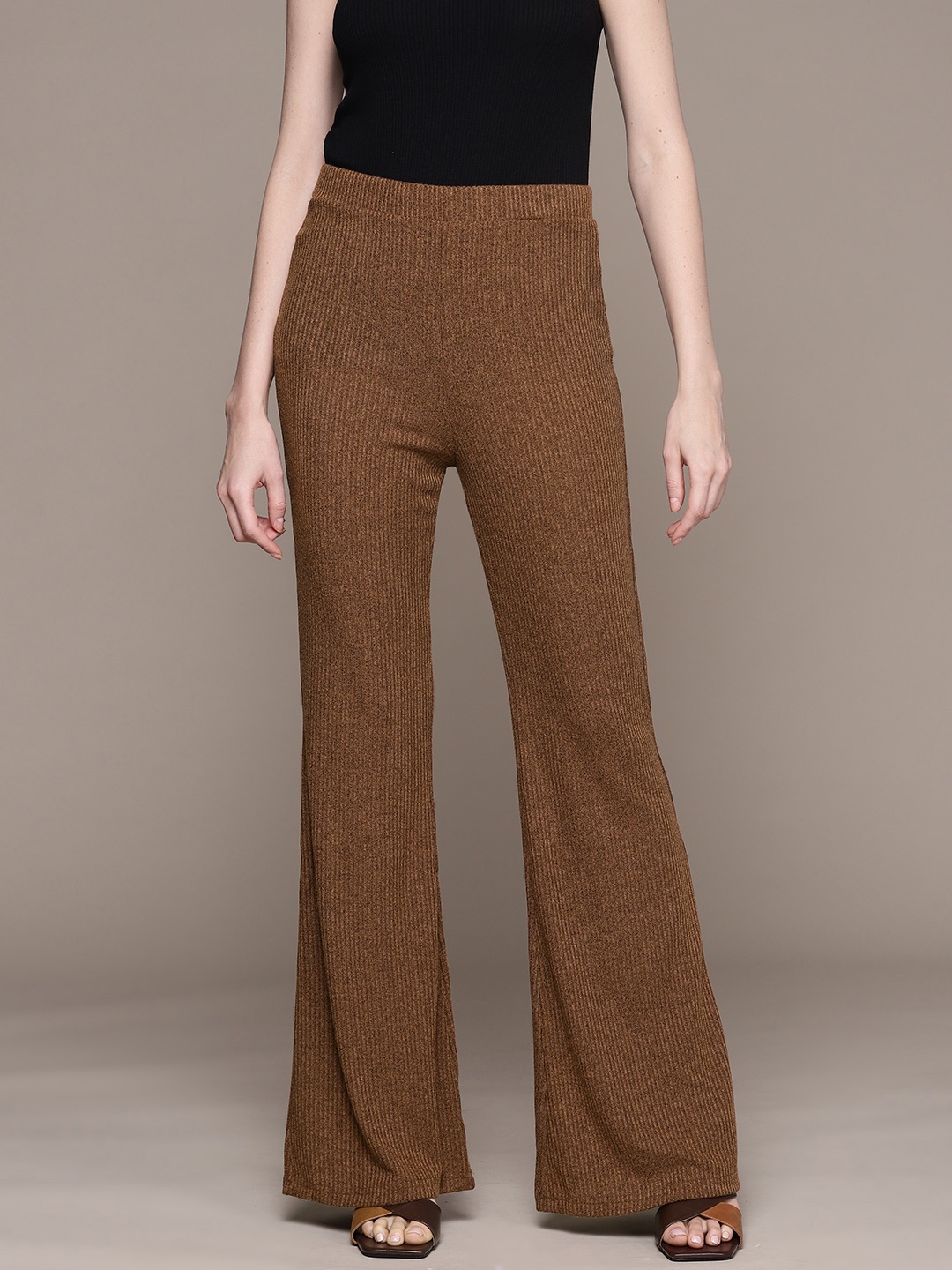

MANGO Women Ribbed Parallel Trousers, Brown