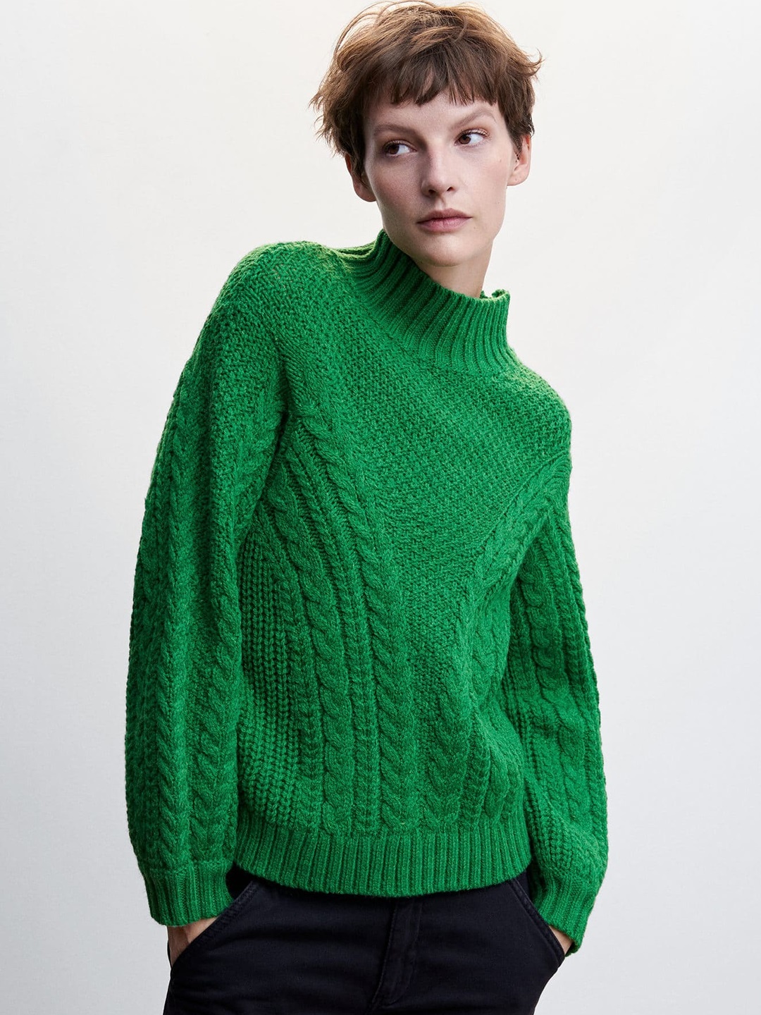 

MANGO High Neck Cable Knit Sustainable Pullover, Green