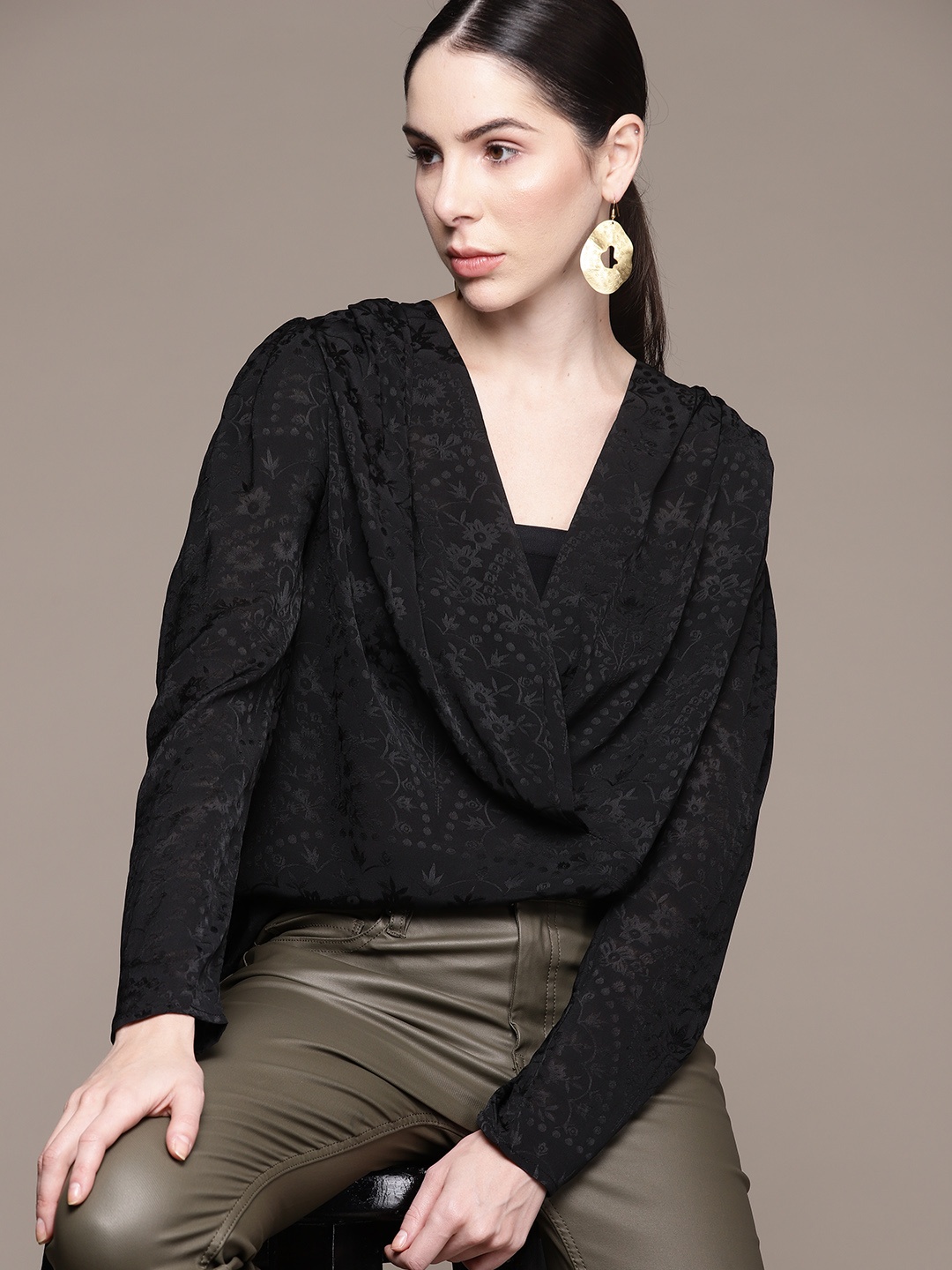 

MANGO Floral Jacquard Cowl Neck Top, Black