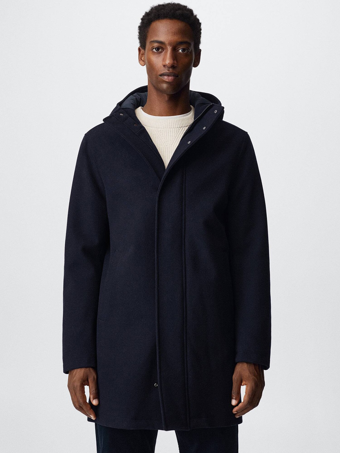 

MANGO MAN Hooded Longline Overcoat, Navy blue