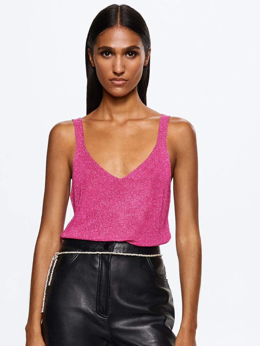

MANGO Shimmery V-Neck Top, Pink