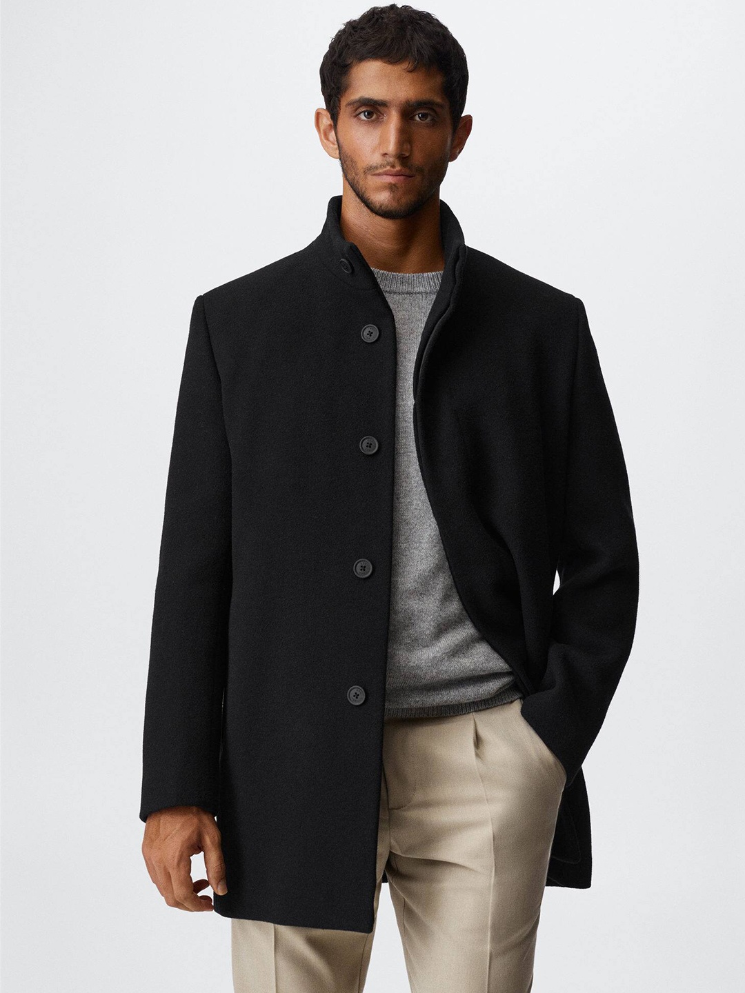 

MANGO MAN Funnel Neck Slim Fit Sustainable Overcoat, Black