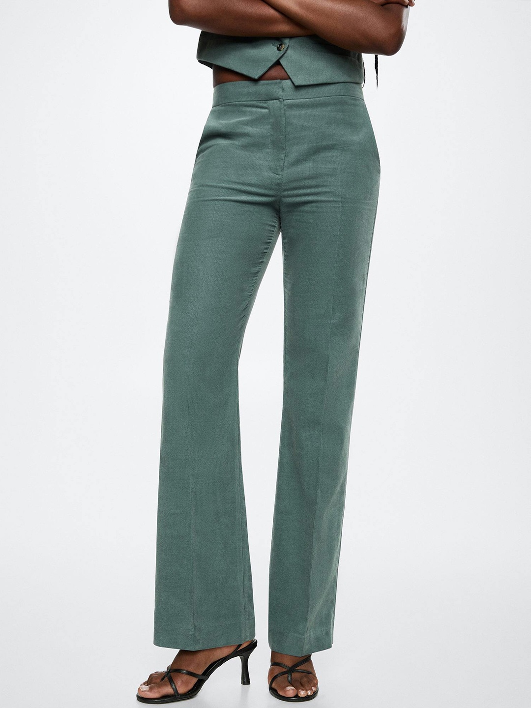 MANGO Women Straight Fit Pure Cotton Sustainable Corduroy Trousers, Green