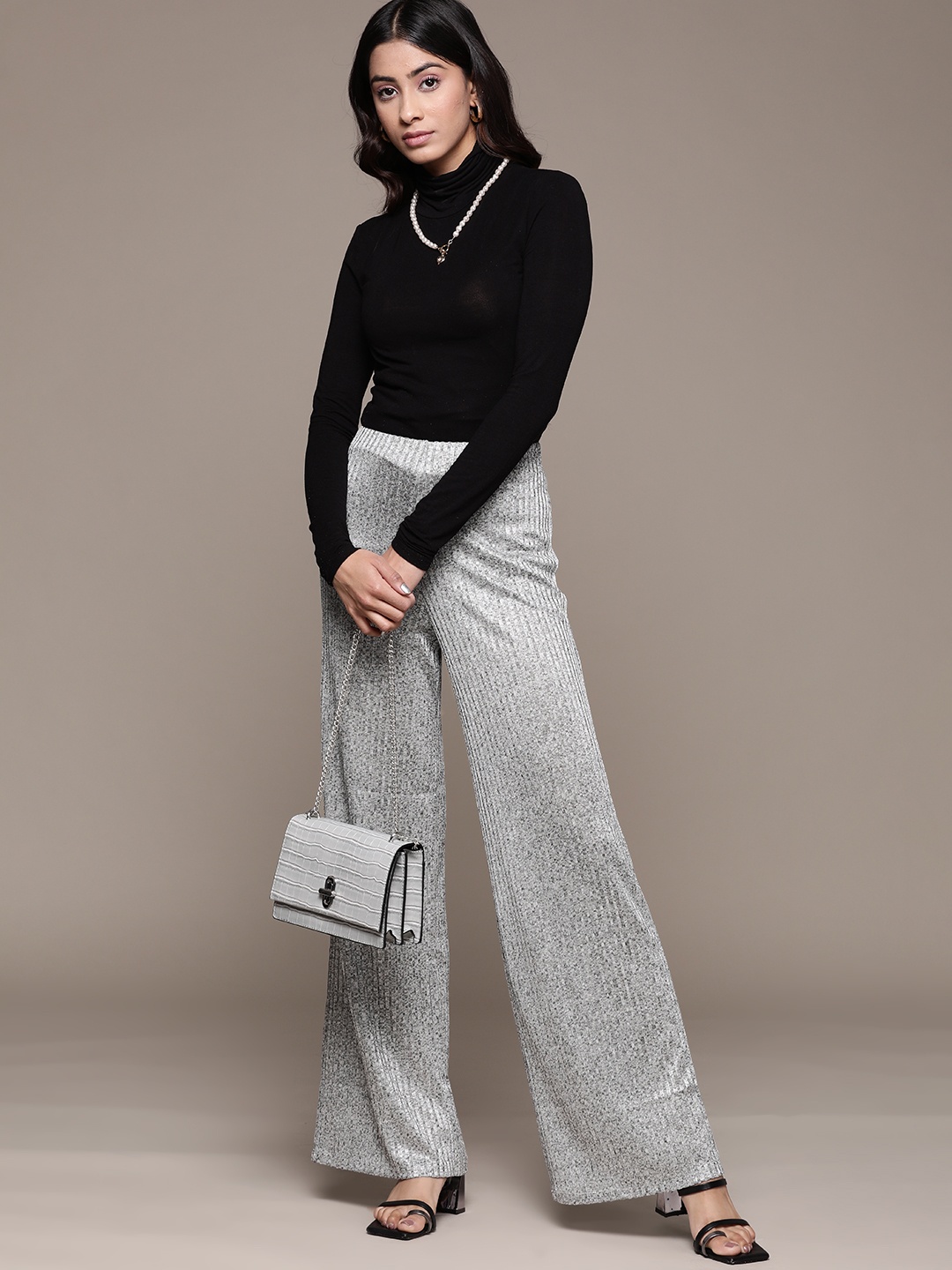 

MANGO Women RegularRibbed Flared Leg Trousers, Grey