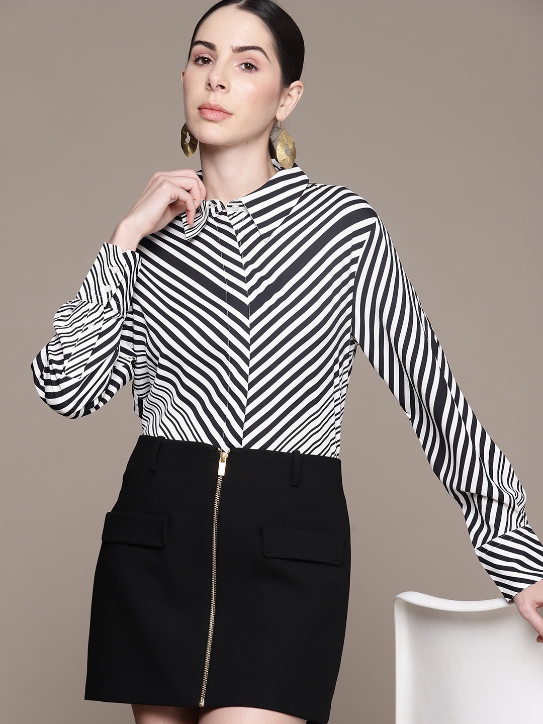 

MANGO Women Multi Stripes Casual Shirt, Black