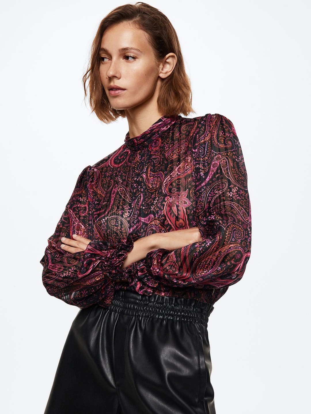 

MANGO Ethnic Motif Print Top, Black