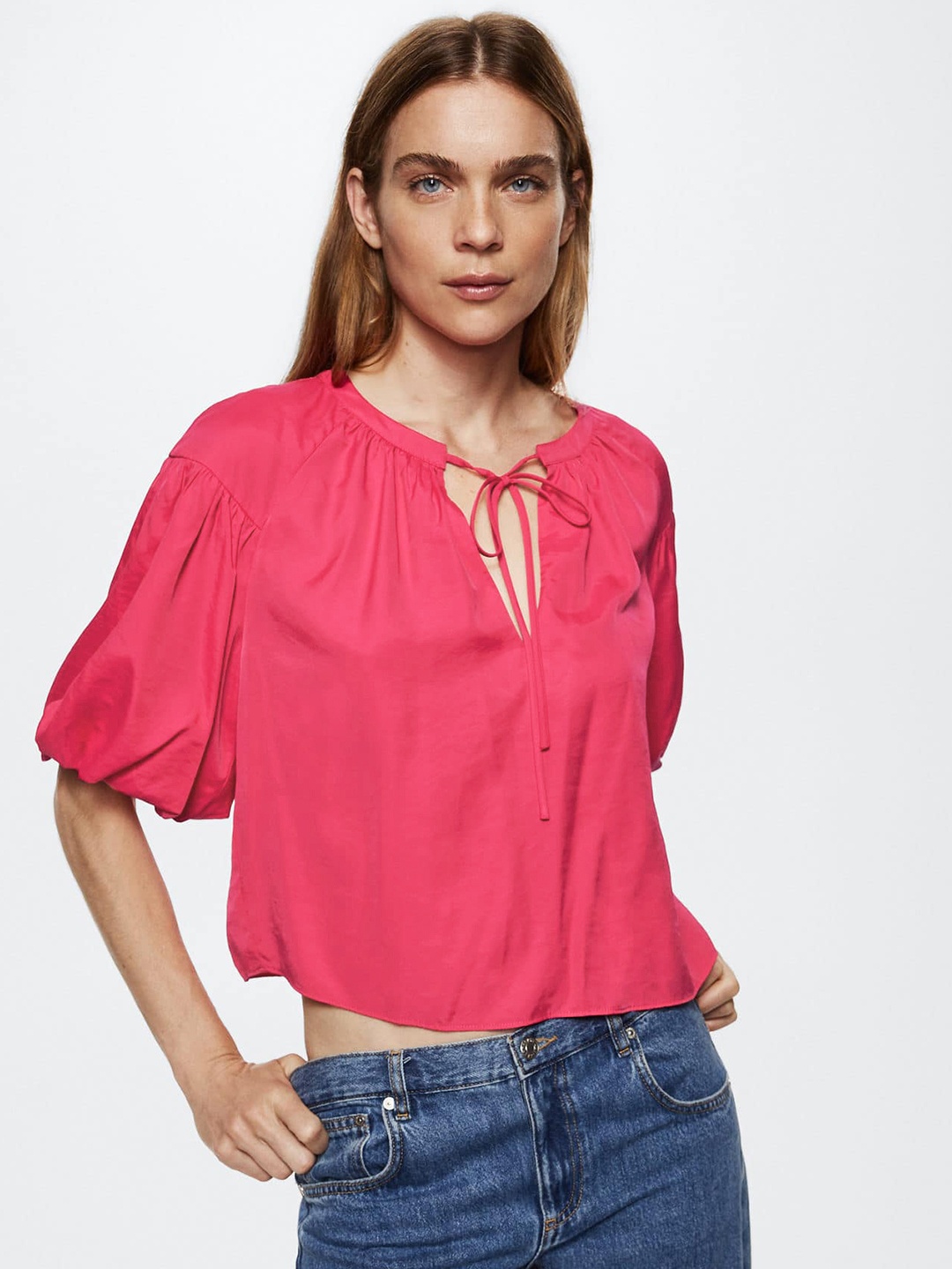 

MANGO Tie-Up Neck Crop Top, Pink